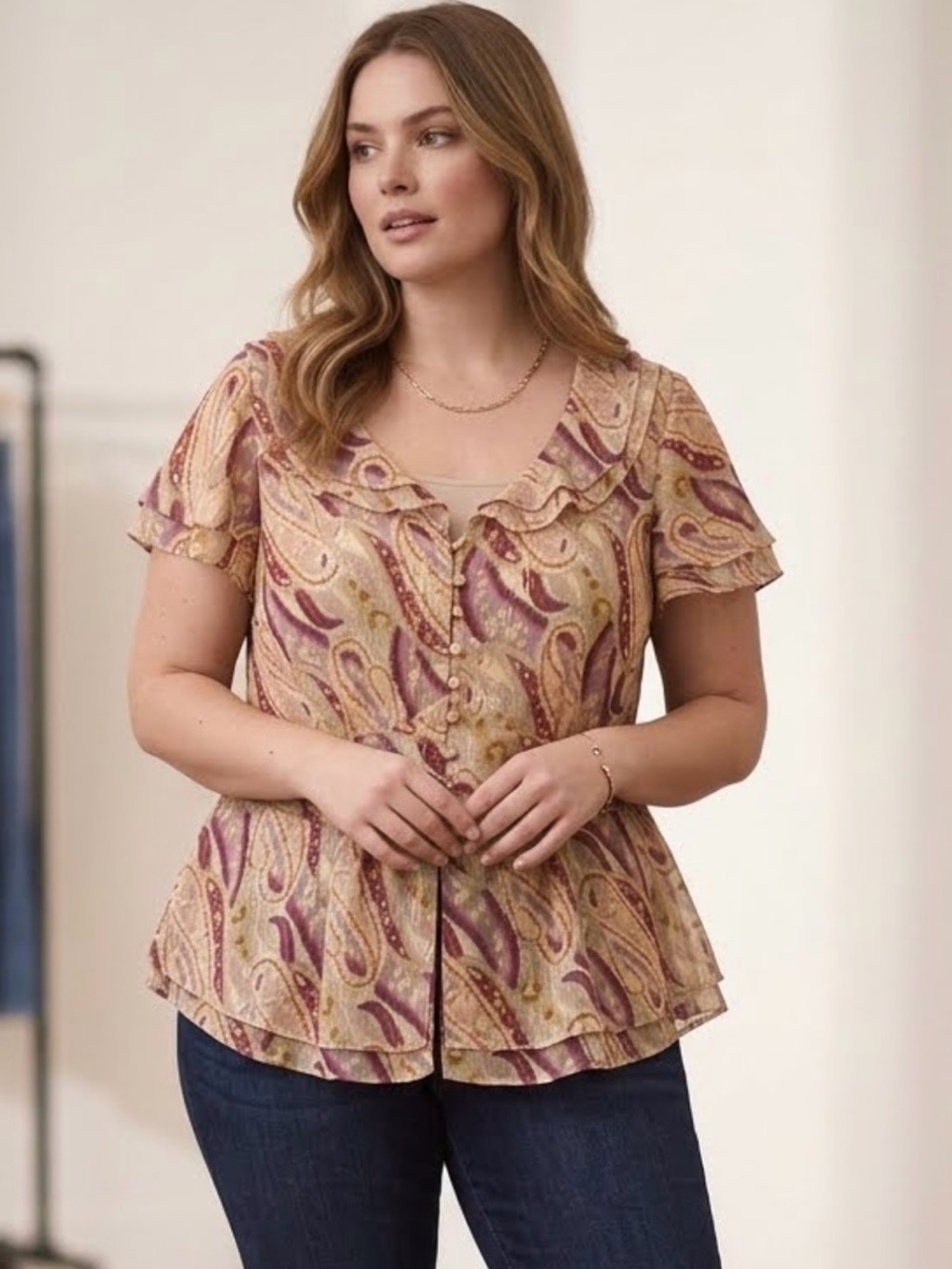 Patterned Ruffle Sleeve Blouse - Multicolor - Picture 1 of 7
